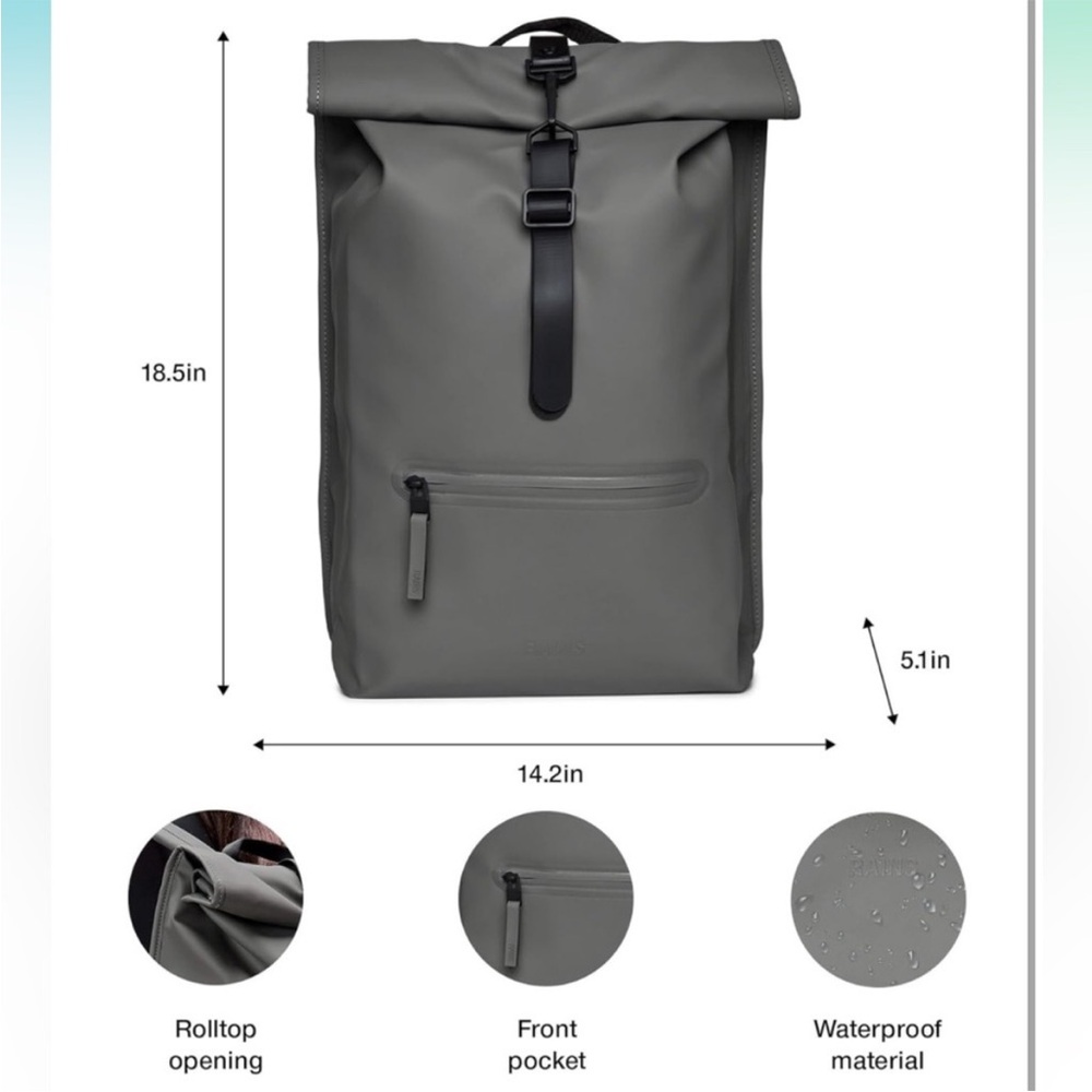 NWT Rains Waterproof Rolltop Rucksack Laptop Backpack In Metallic Grey - Picture 2 of 14